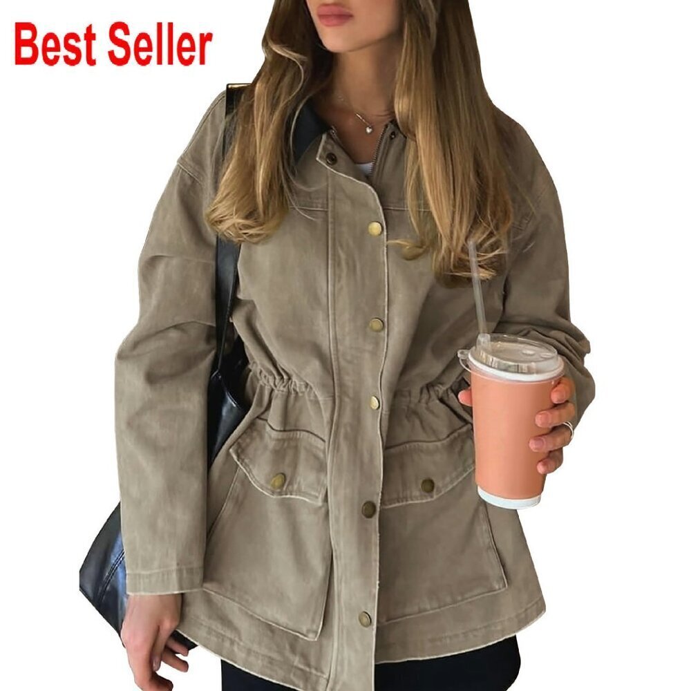 Utility Jacket Women Workwear Chic Drawstring Waist Zip Up Casual Classic